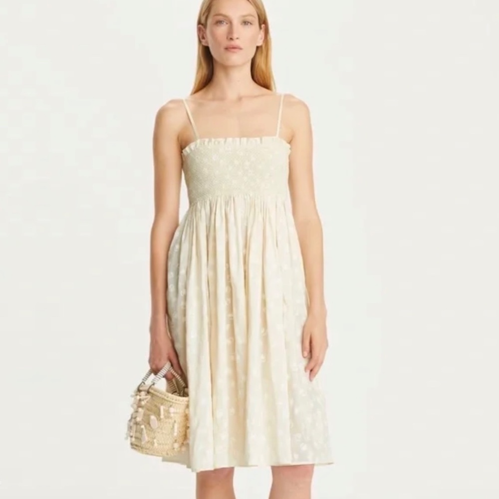 Tory Burch Silk Dupioni Smocked Midi Dress Beige Scatter Daisy Size 4 NWT - Picture 2 of 8